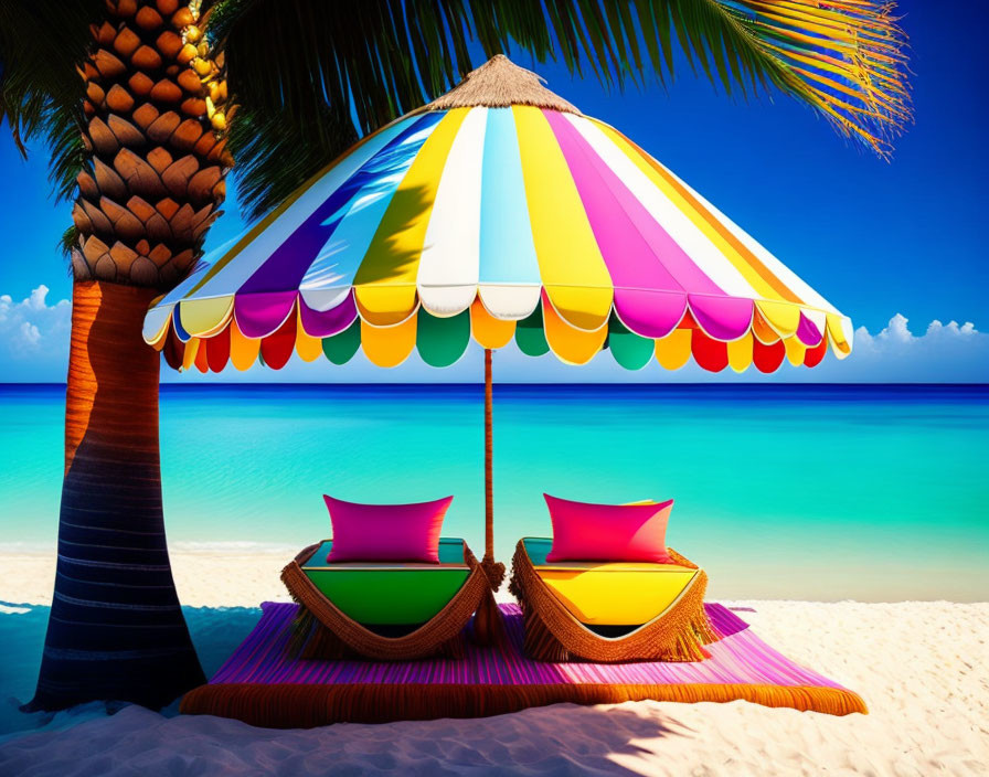 Colorful Beach Scene with Umbrella, Sun Loungers, and Palm Tree