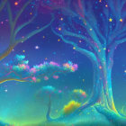 Ethereal glowing tree in misty neon night landscape