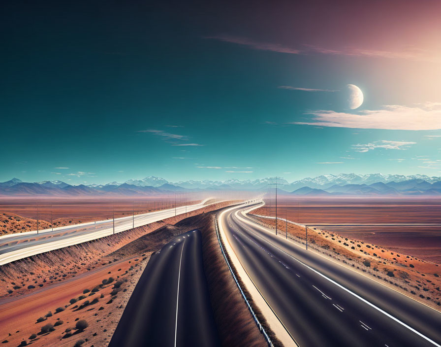 Desert highway with mountains, sun, and crescent moon in high-contrast image