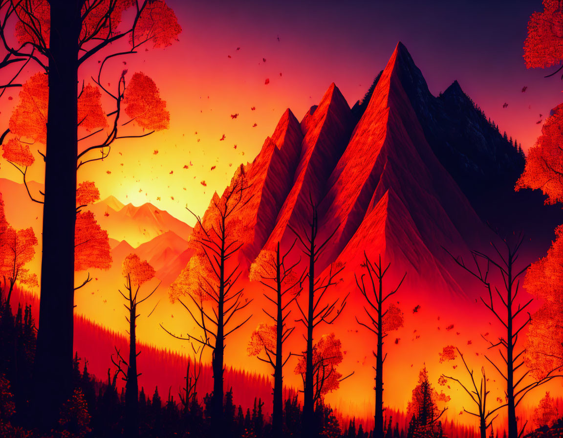 Angular mountains against red-orange sky, silhouetted trees, birds in flight