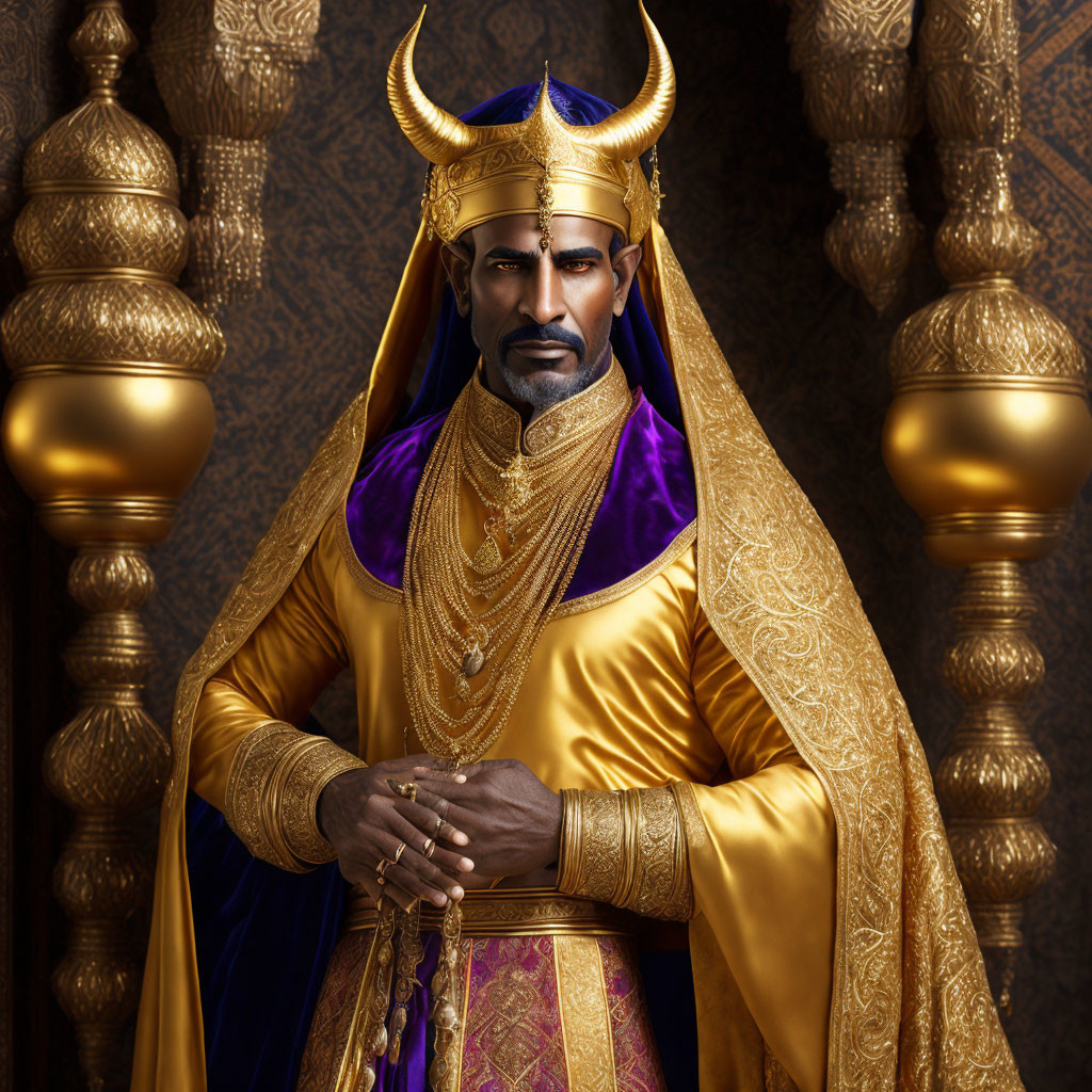 Regal figure in golden robes with horned crown and majestic beard in opulent room