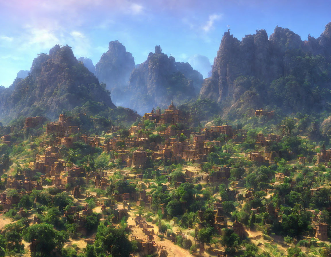 Ancient city with terraced structures in lush forest and mountains