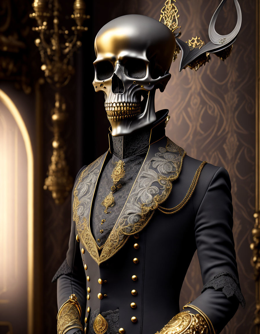 Skeleton in Elegant Suit in Luxurious Setting with Chandelier