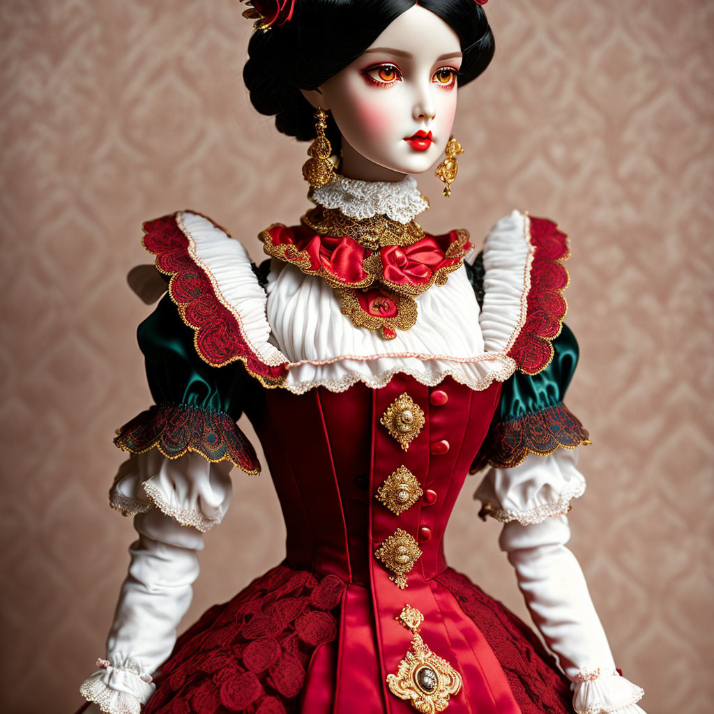 Porcelain doll in Victorian-style gown with lace and golden details