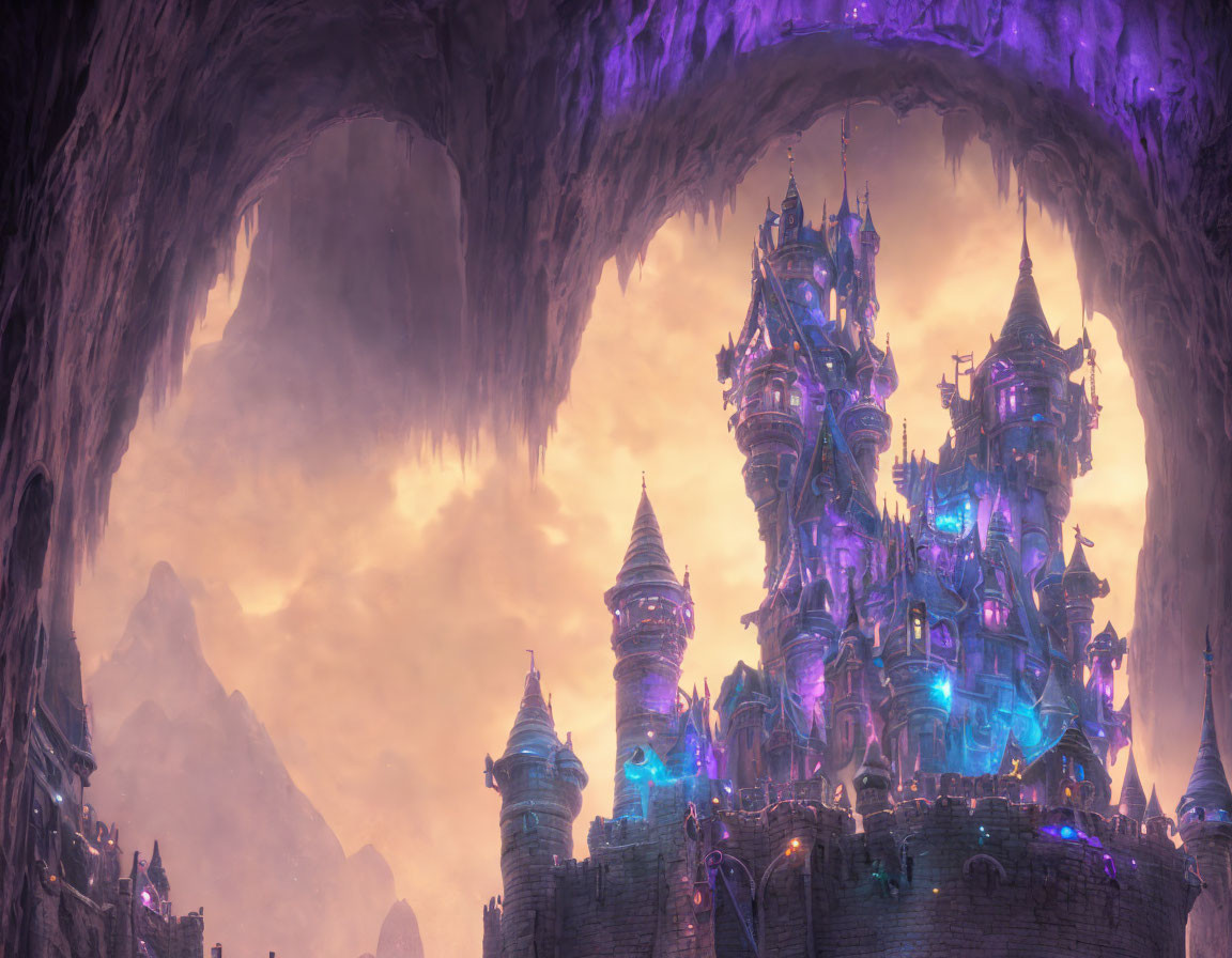 Purple-hued castle in cavern with glowing blue accents