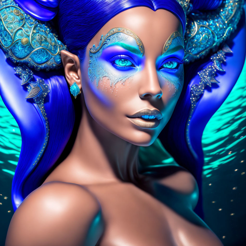 Blue-themed digital artwork featuring a woman with blue skin and hair.