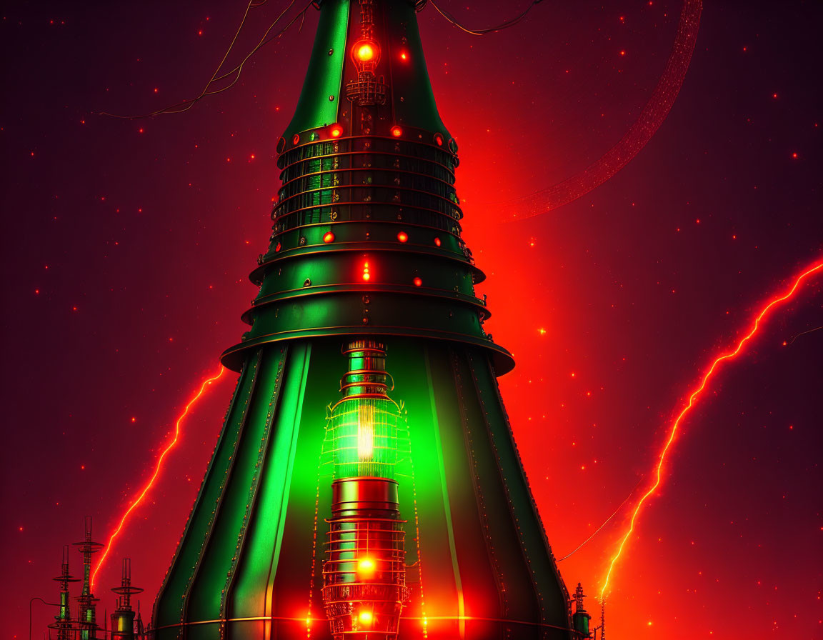 Futuristic green structure with red lighting against a red sky