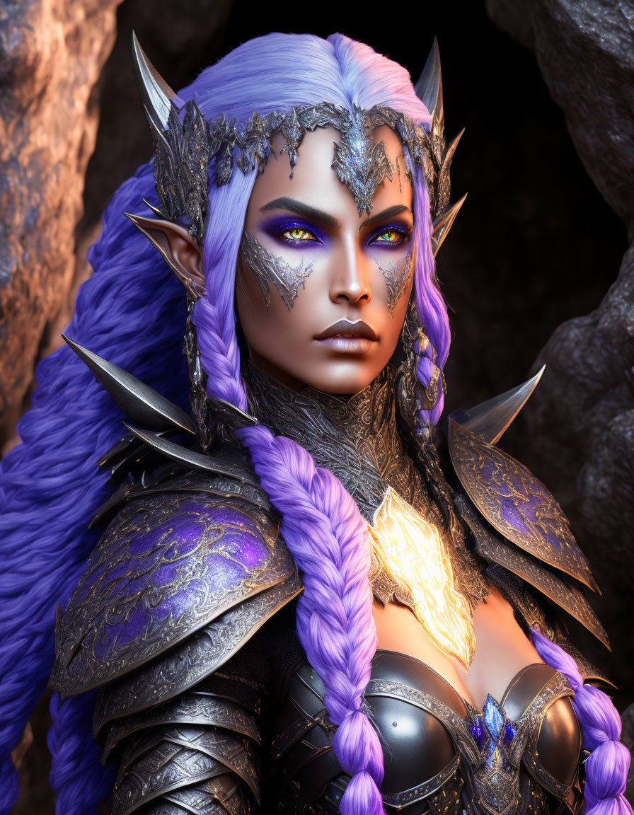 Purple-haired elven warrior in silver armor on rocky backdrop