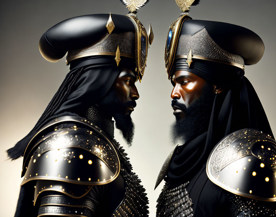 Two individuals in ornate black and gold armor with plumed helmets face off.