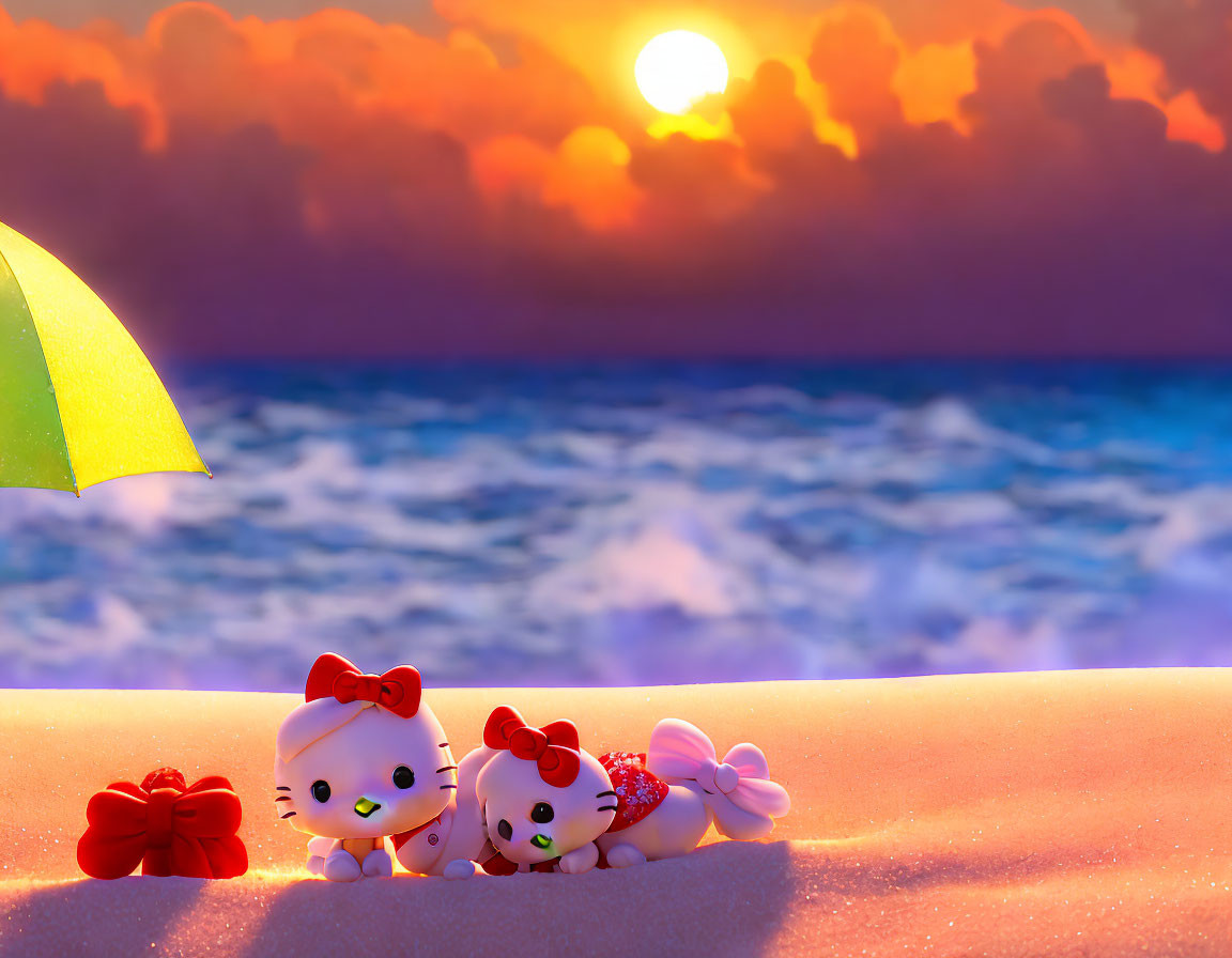 Hello Kitty characters on beach watching sunset over ocean