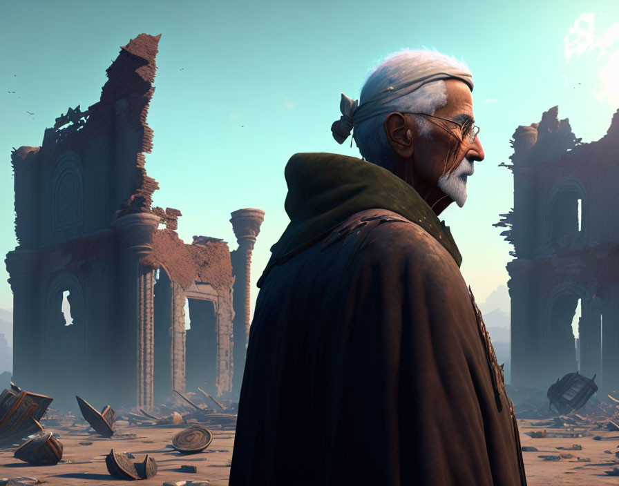 Elderly man with white beard in contemplation amid ancient ruins