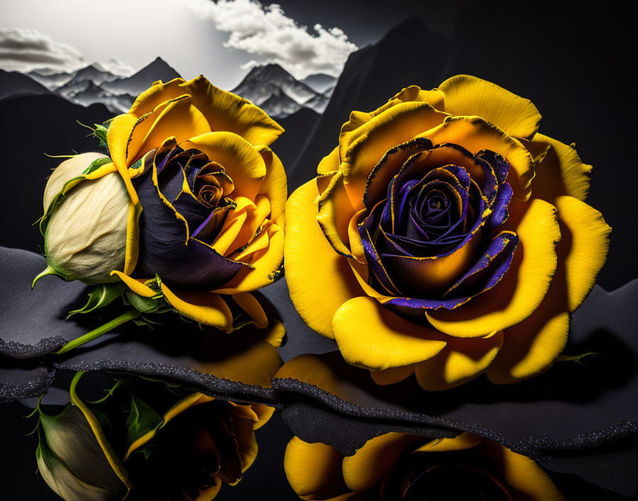 Yellow Roses with Purple Edges on Reflective Surface Against Mountain Silhouettes