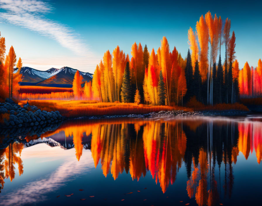 Autumn landscape: vibrant foliage, calm lake, distant mountains