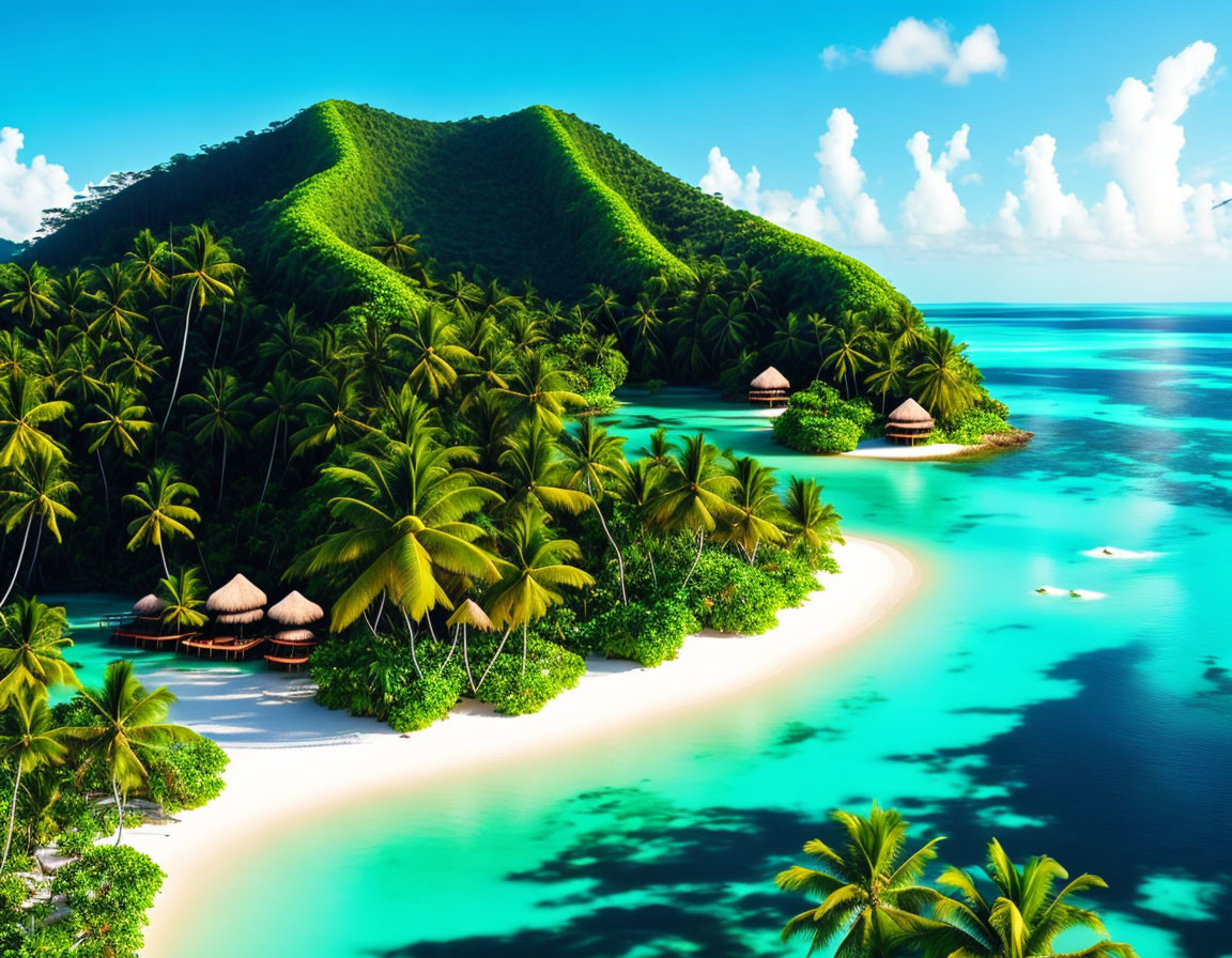 Lush tropical island with palm trees, sandy beaches, clear waters, and thatched huts