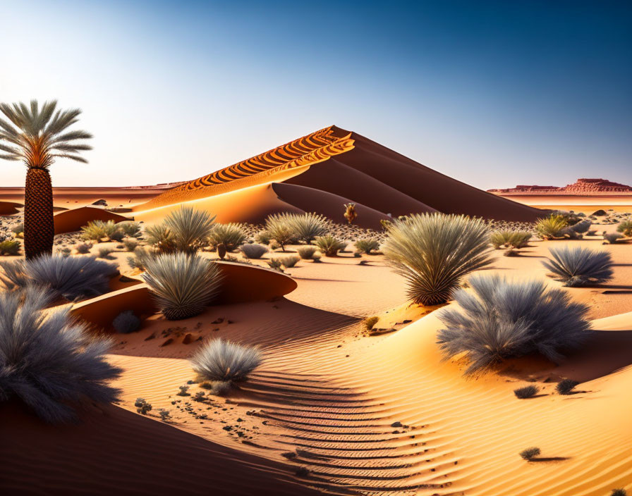 Scenic desert landscape with towering sand dunes and green plants