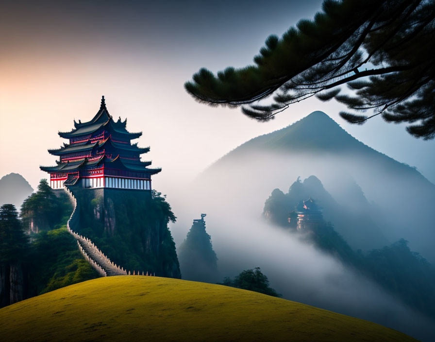 Traditional pagoda on foggy mountain with lush greenery and yellow grass.