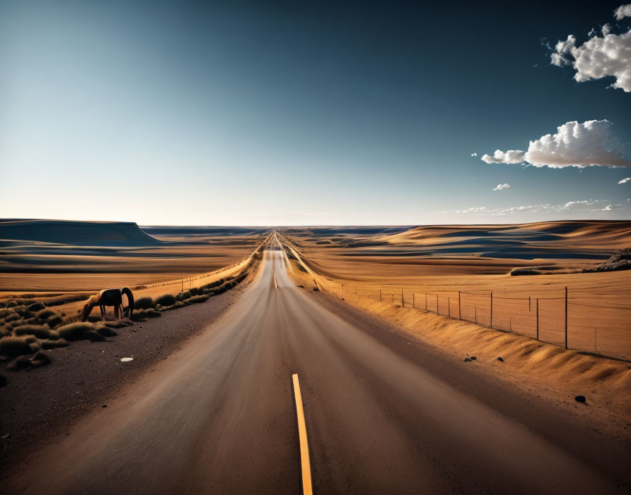 Desert road with sandy dunes, blue sky, and grazing horse