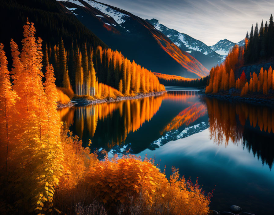 Autumn foliage reflected on serene mountain lake with peaks and blue sky