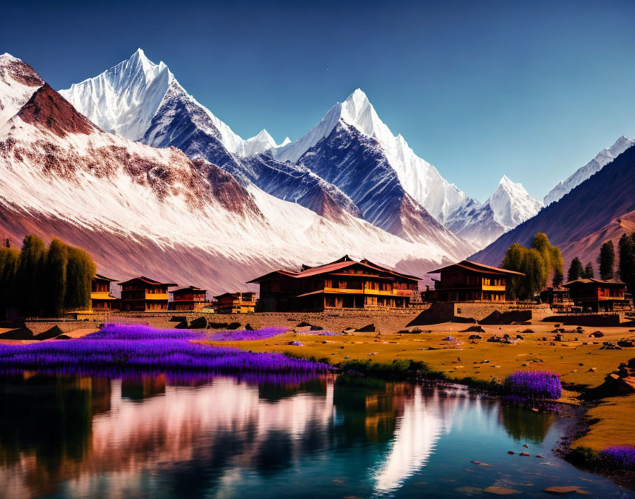 Tranquil landscape with reflective lake, purple flowers, traditional houses, and snow-capped mountains