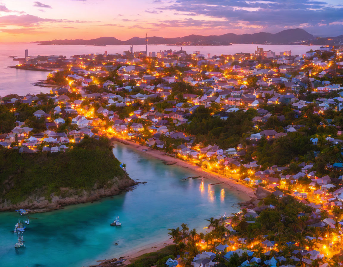 Coastal town at twilight: streetlights, boats, hilly landscape