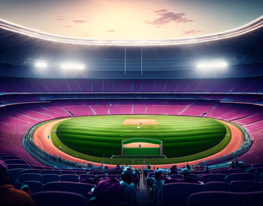 Bustling stadium with lush green field and purple seats