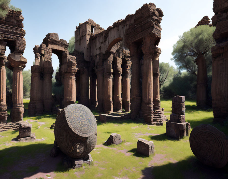 Ancient structure ruins with towering columns and stone carvings in lush greenery