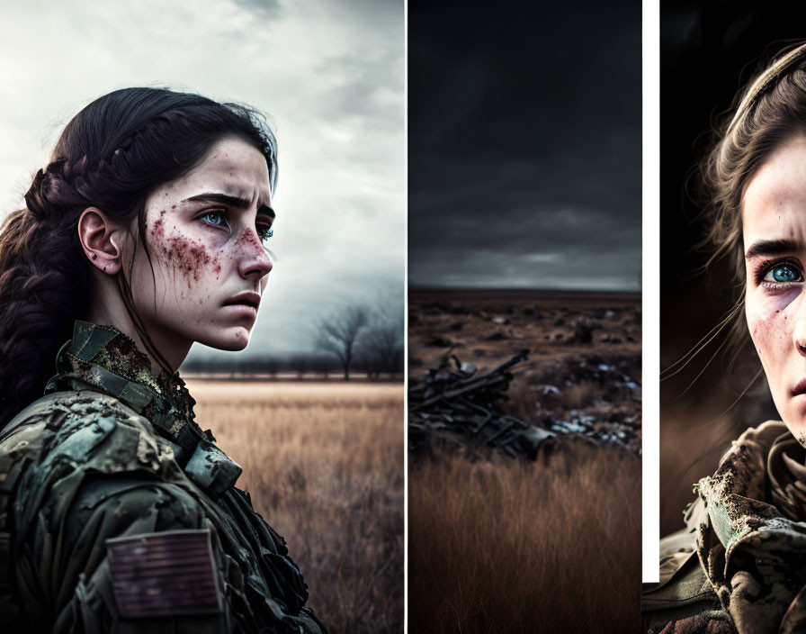 Woman with braided hair in military attire in desolate field.