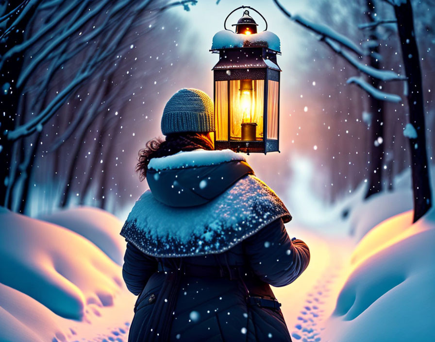 Person holding lit lantern in snowy twilight scene.