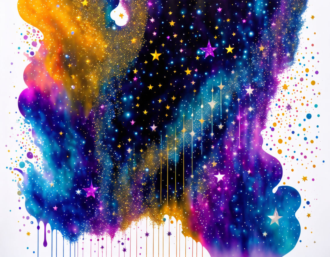 Colorful cosmic illustration with swirling galaxies and stars on white background