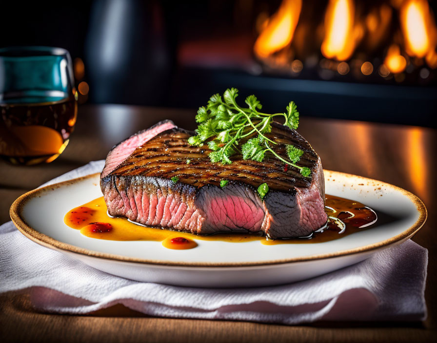 Grilled Steak with Parsley and Sauce on White Plate