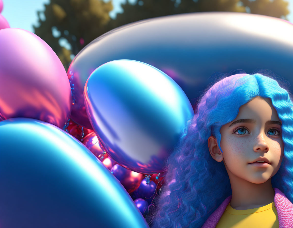 Young girl with blue curly hair and pink jacket in front of shiny blue and purple balloons