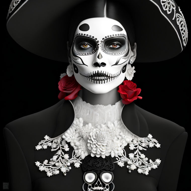 Skull-painted face person in wide-brimmed hat with lace and roses