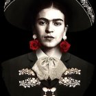 Skull-painted face person in wide-brimmed hat with lace and roses