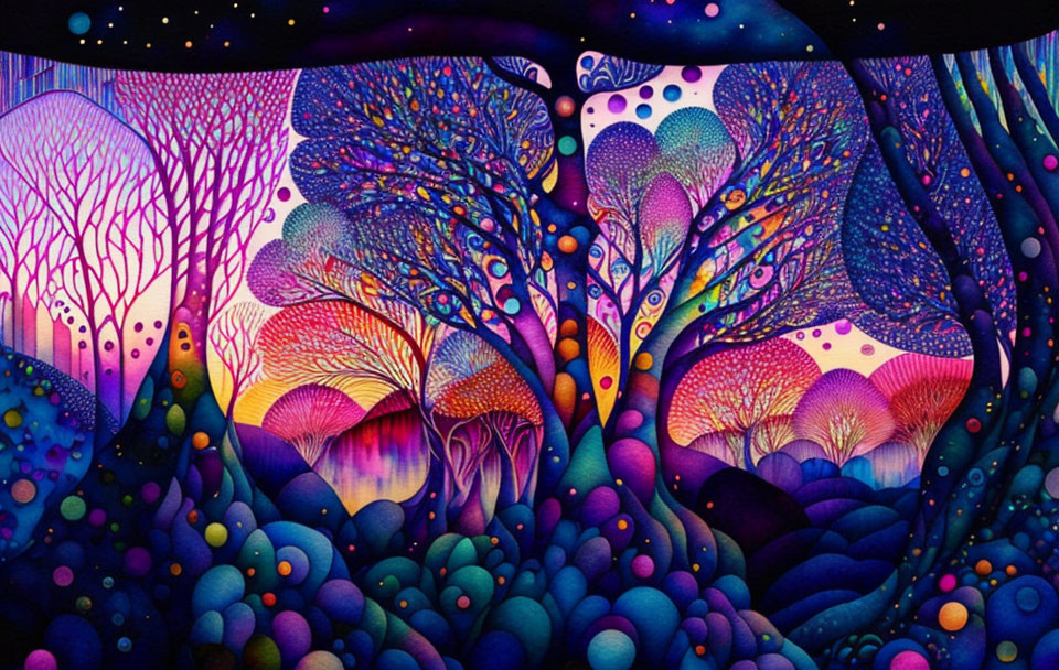 Colorful Psychedelic Forest Illustration with Bubble-like Trees at Night to Dawn