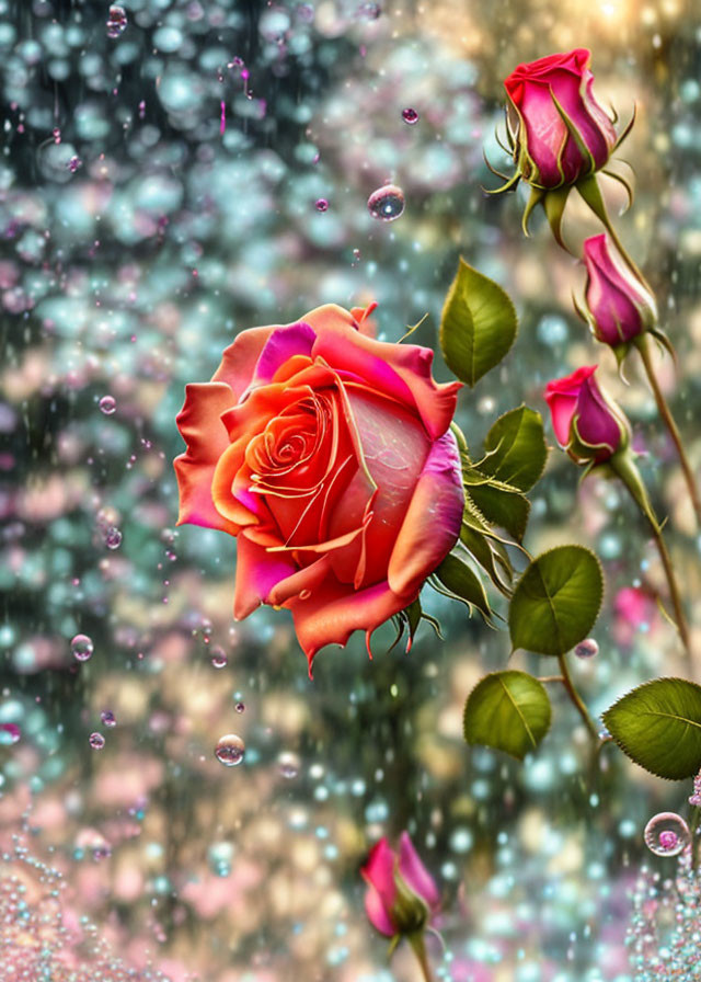 Pink-Orange Rose with Water Droplets on Soft Rainy Background