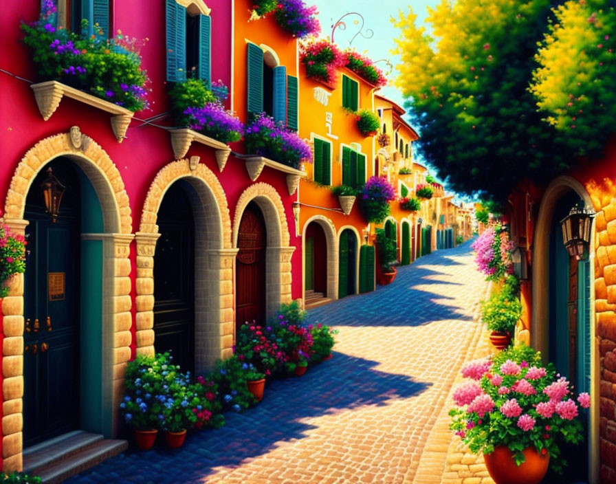 Colorful Street Scene: Vibrant Buildings and Flowering Plants under Clear Sky