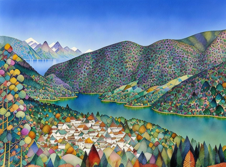 Colorful Stylized Artwork: Mountain Village by Lake & Patterned Trees