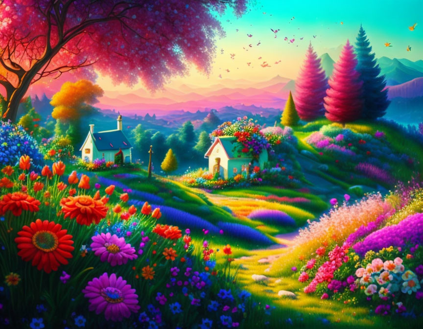 Colorful Flowers, Cottages, Hills, Sunset Sky, Birds: Idyllic Landscape Sc