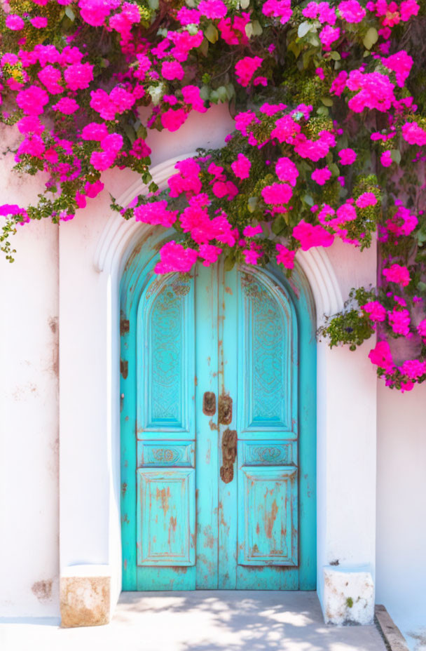 Ornate blue door framed by pink bougainvillea flowers