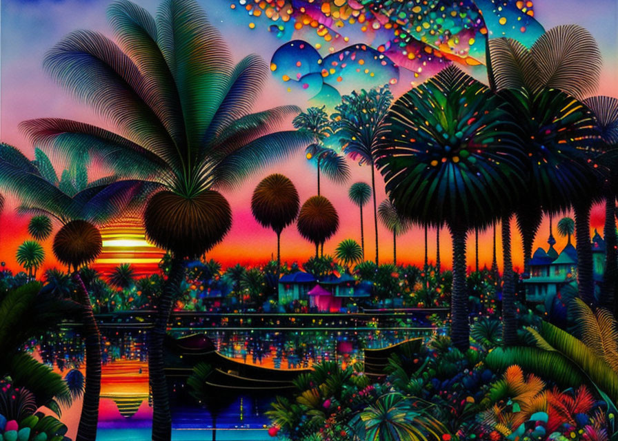 Colorful digital artwork: palm trees, abstract sky, reflective water, city silhouette