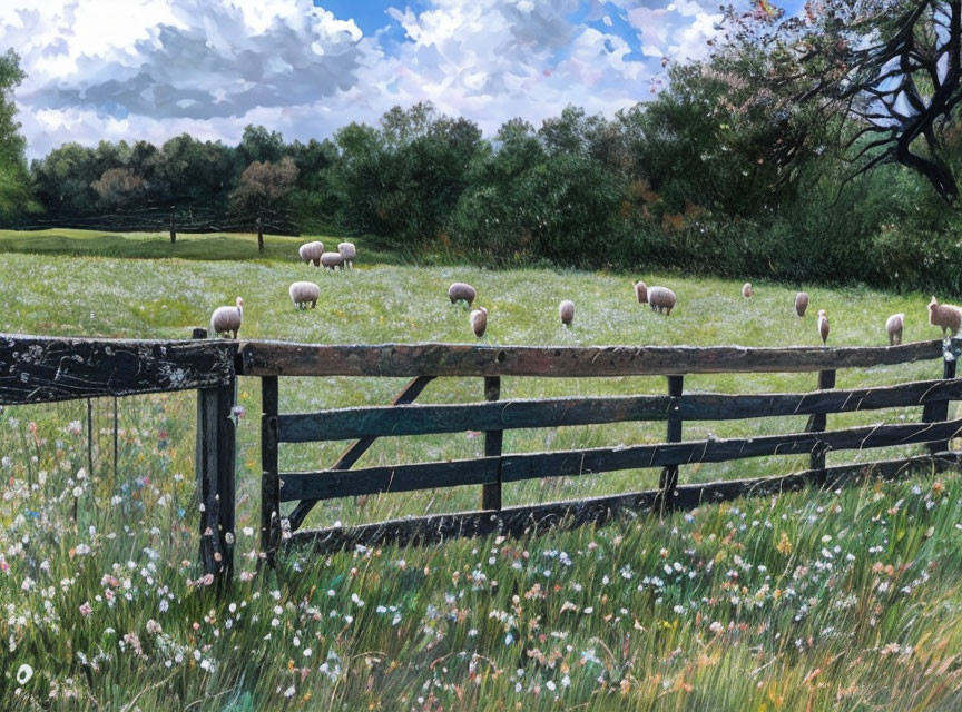 Sheep grazing in vibrant field with wildflowers, old fence, and cloudy sky