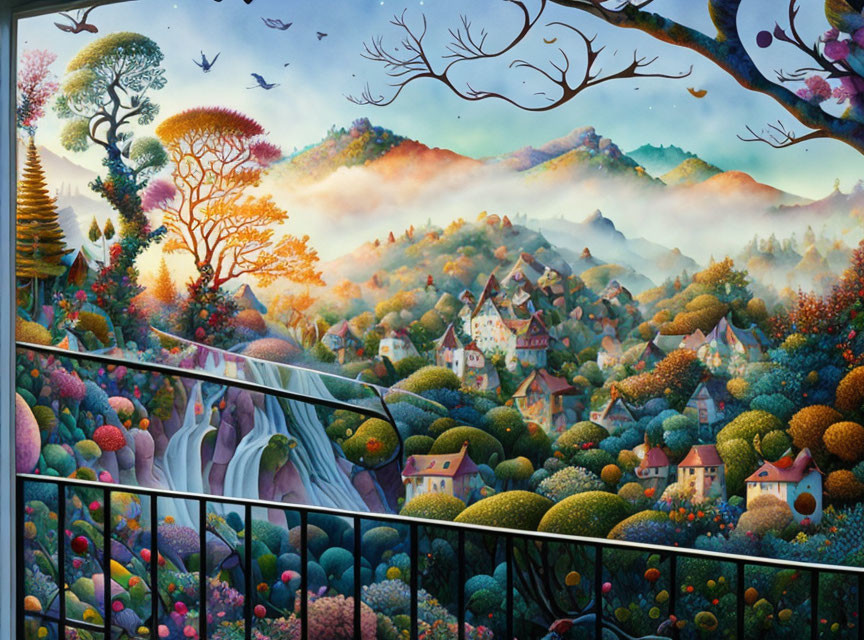 Vibrant fantasy village painting with lush nature scenery