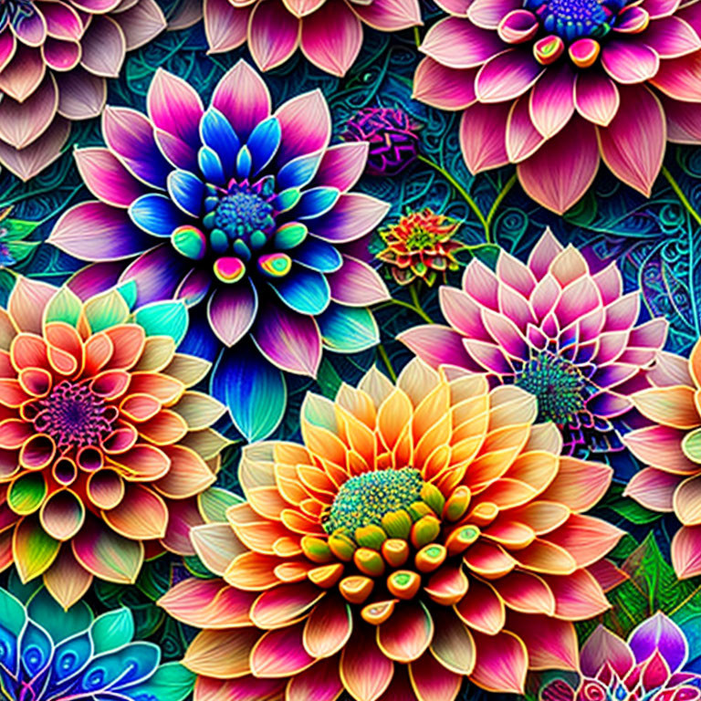 Multicolored stylized flowers on dark background