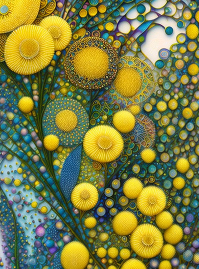 Intricate Abstract Art: Yellow, Green, and Blue Circular Motifs