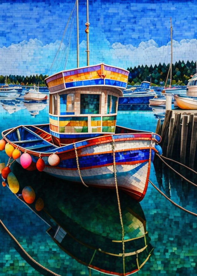 Colorful Mosaic Painting of Moored Boat on Calm Water