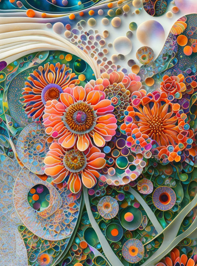 Colorful digital artwork with intricate floral and bubble-like patterns