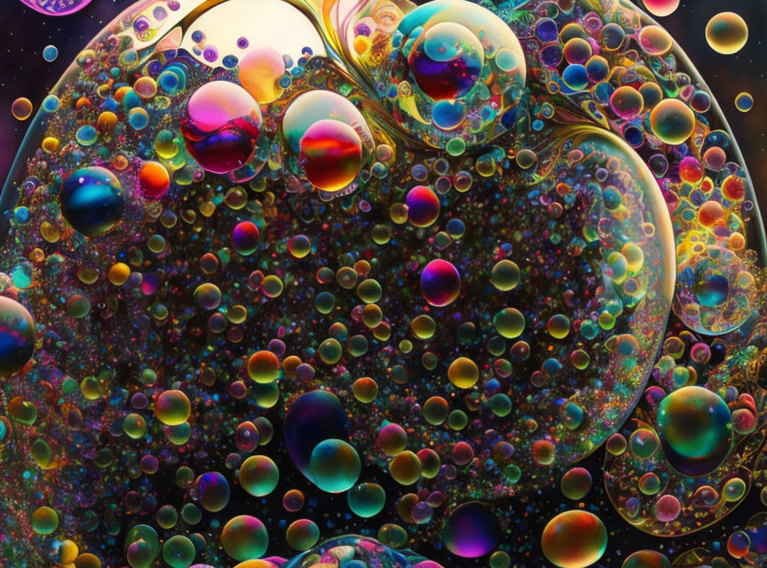 Vibrant swirling soap bubbles in abstract cosmic patterns