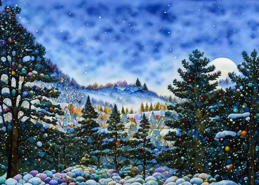 Vibrant painting of snowy forest at night with rising moon