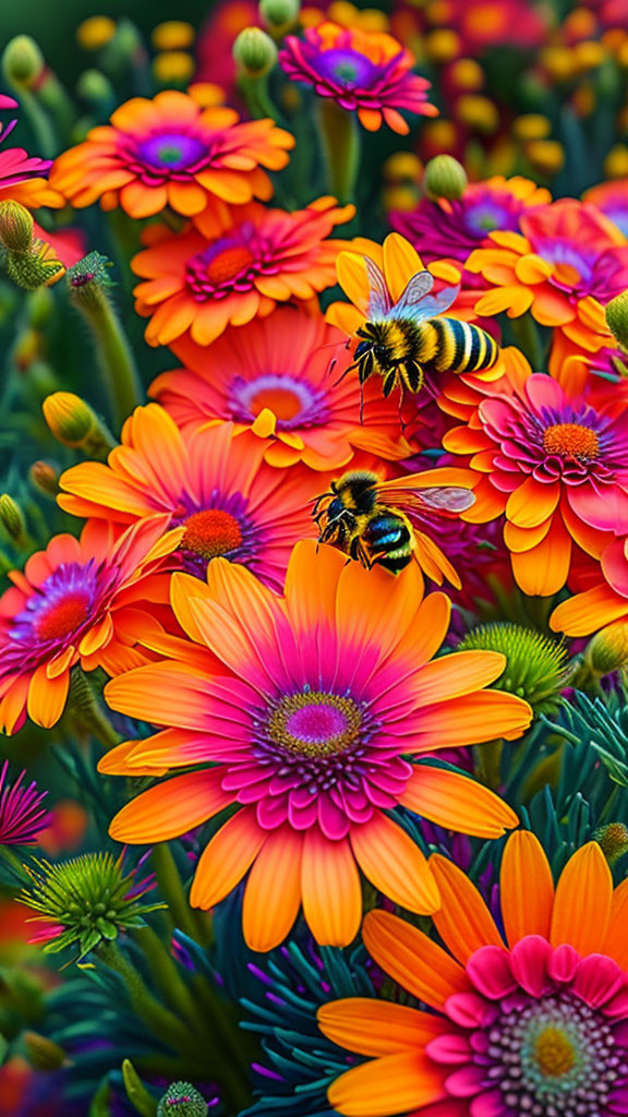 Orange Gerbera Flowers with Bees Collecting Nectar