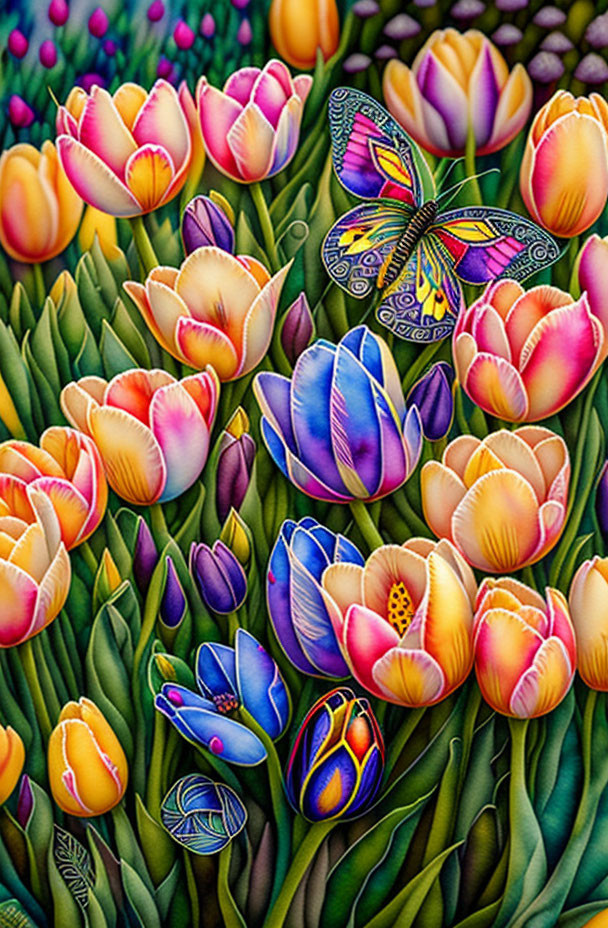 Colorful Tulips and Butterfly Painting on Textured Background